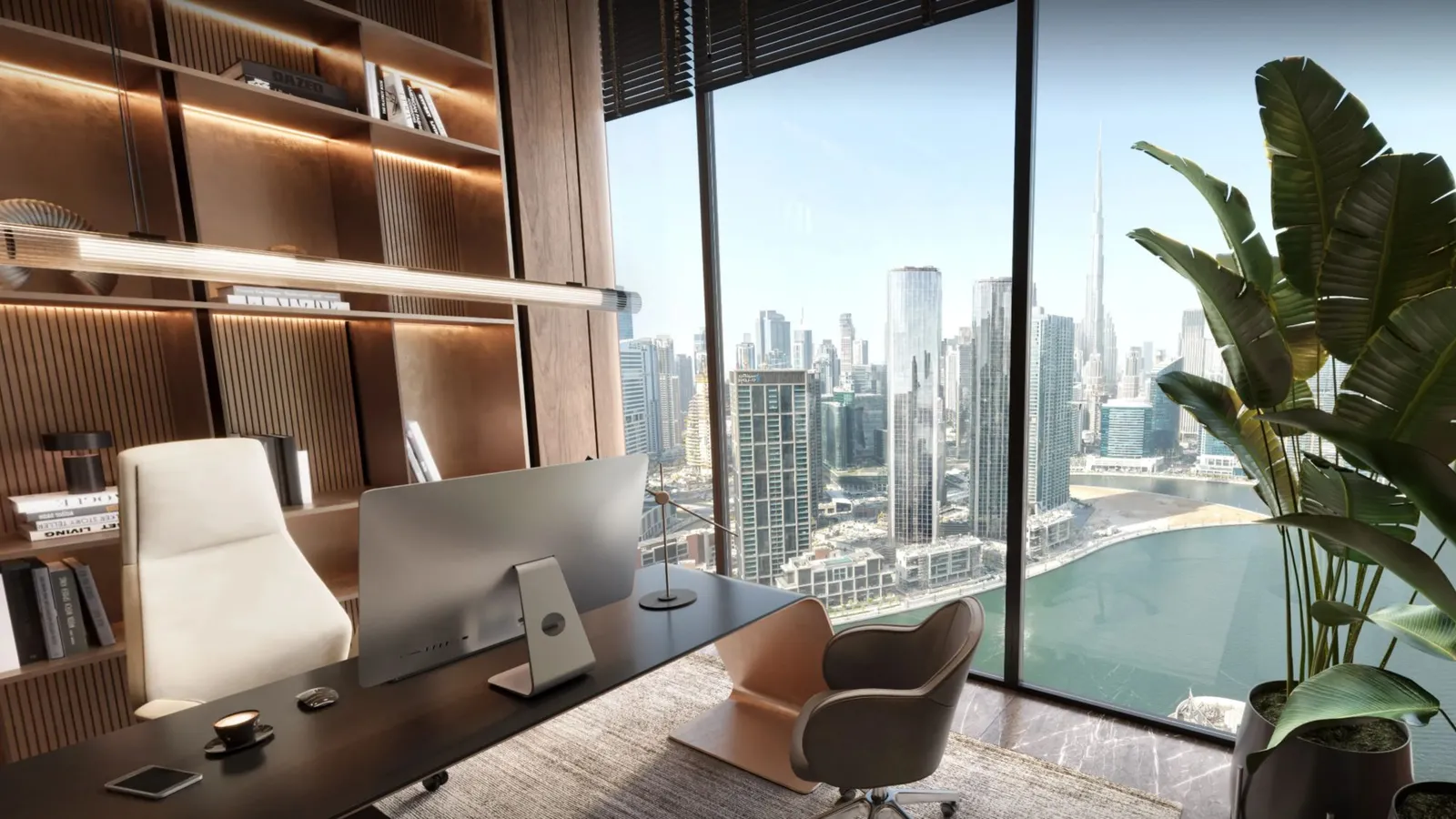 Render of an executive office with timber shelving and floor-to-ceiling windows over the Business Bay Canal