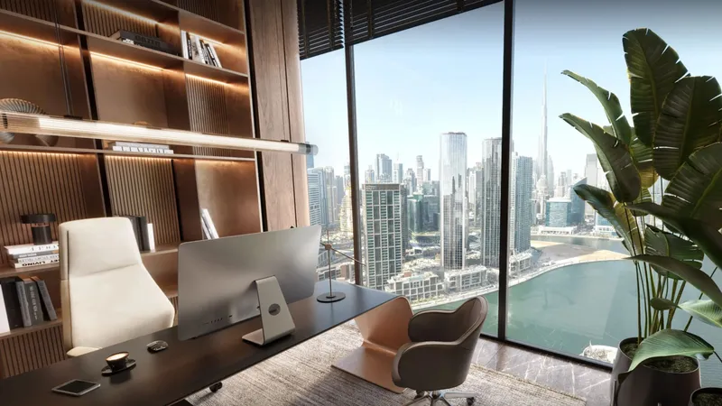 Executive office with timber shelving and floor-to-ceiling windows over the Business Bay Canal