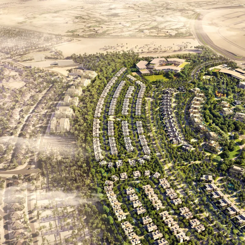 Aerial render of the Cassia 1 villa cluster at The Wilds among tree-lined streets