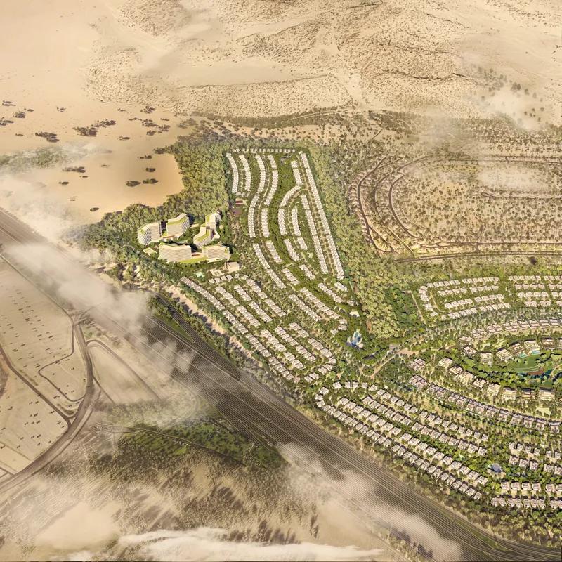 Aerial render of the Cassia 3 and 4 villa clusters at The Wilds beside the main road