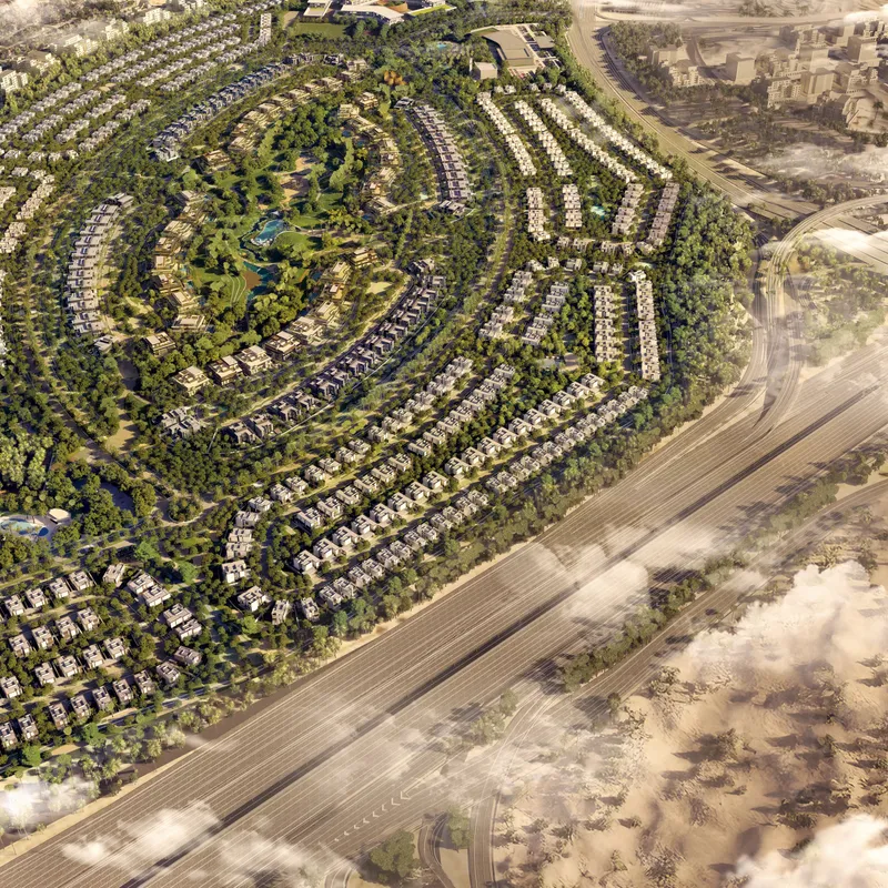 Aerial render of the Cassia 5 villa cluster at The Wilds arranged in curved rows around parkland
