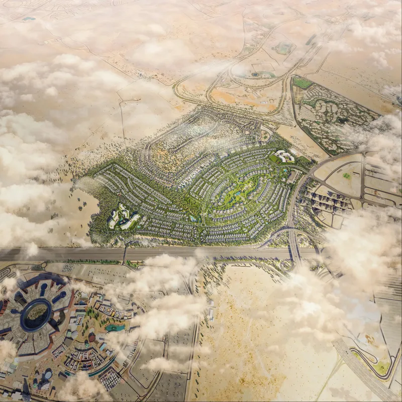 Aerial render of The Wilds community beside Sheikh Mohammed bin Zayed Road, with Global Village in the foreground