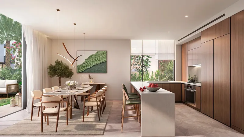 Interior render of an open kitchen and dining room in a Cassia villa, with garden views