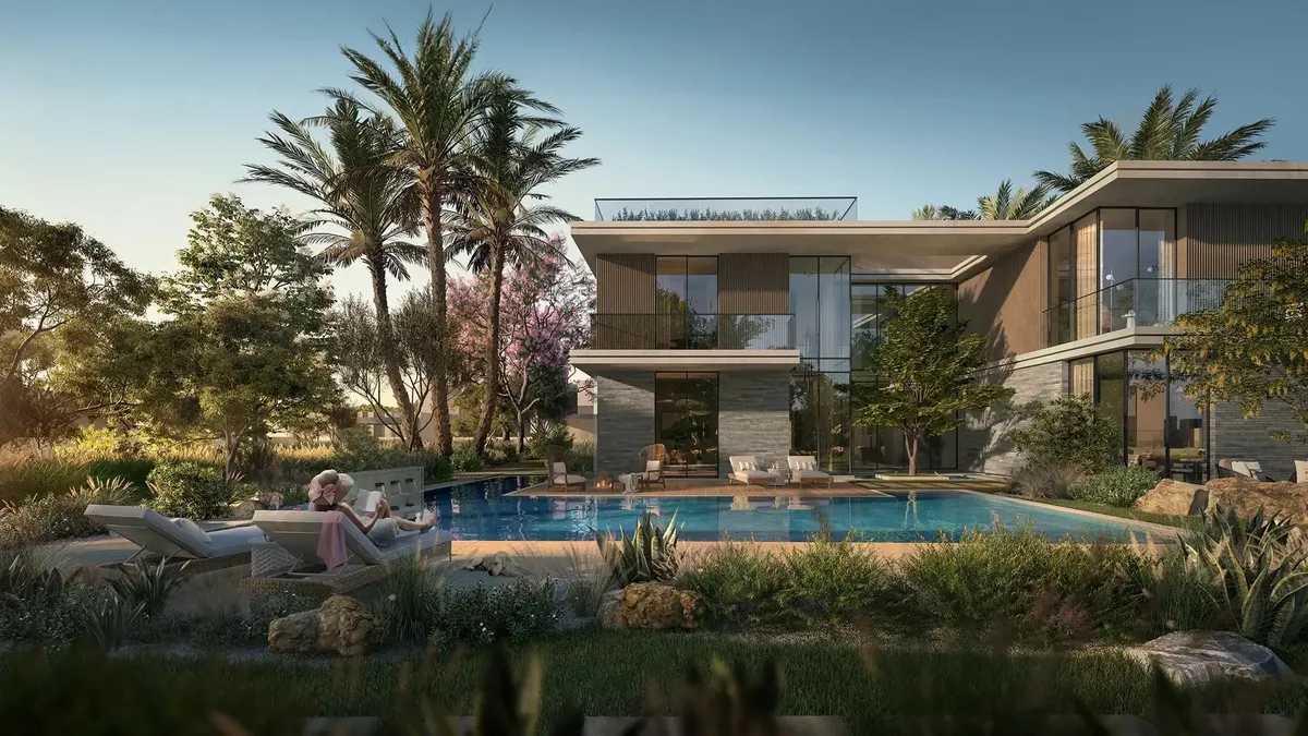 Render of a two-storey Cassia villa at The Wilds with a private pool and palm-planted garden