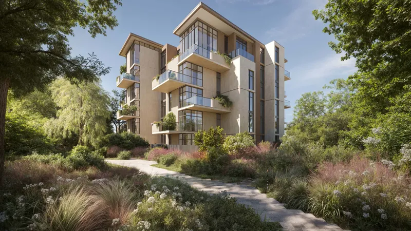 Cilia building with glazed corner balconies behind a planted garden path
