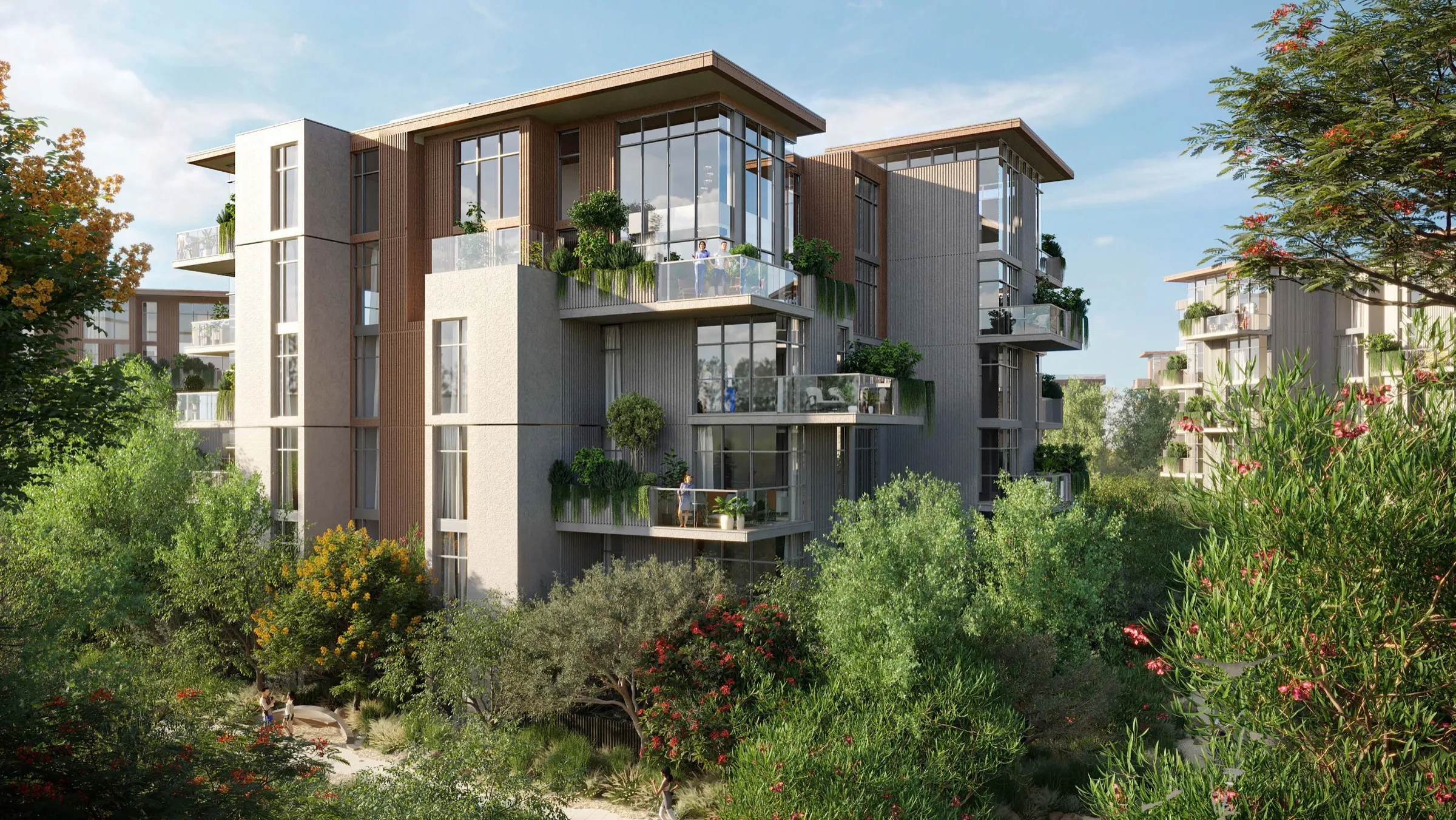 Cilia apartment building with planted terraces among trees at Ghaf Woods