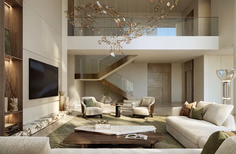 Render of the double-height living room and staircase of a four-bedroom duplex at City Walk Crestlane 4