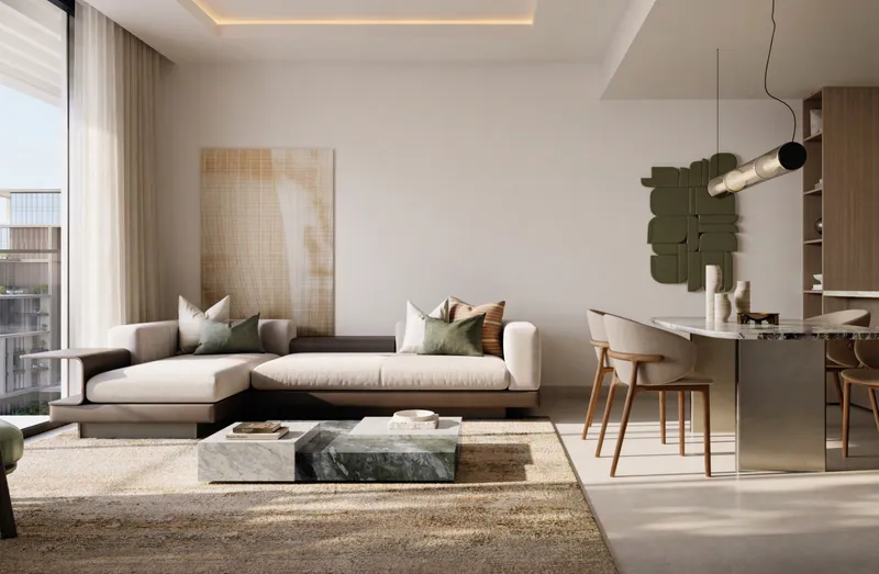 Render of a living and dining room in a City Walk Crestlane 4 apartment in soft neutral tones