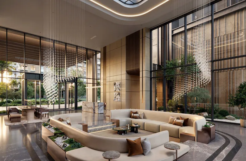 Render of the double-height lobby of City Walk Crestlane 4 with sculptural chandeliers and curved seating