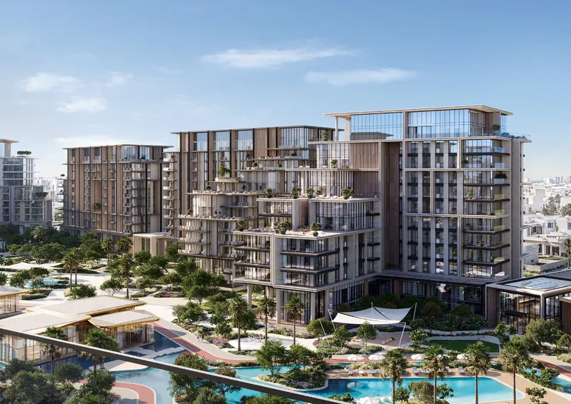 Render of stepped Crestlane residential buildings at City Walk with pools and landscaped gardens in the foreground
