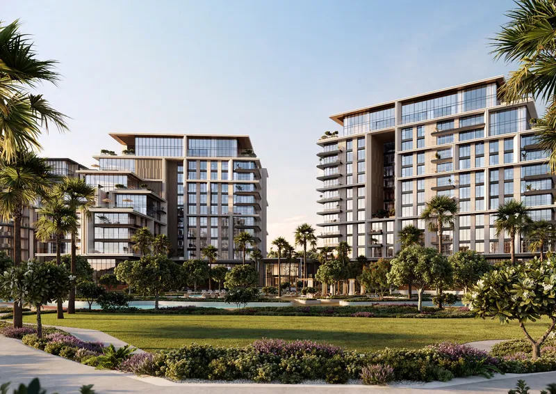 Render of two City Walk Crestlane towers overlooking a landscaped lawn and park path