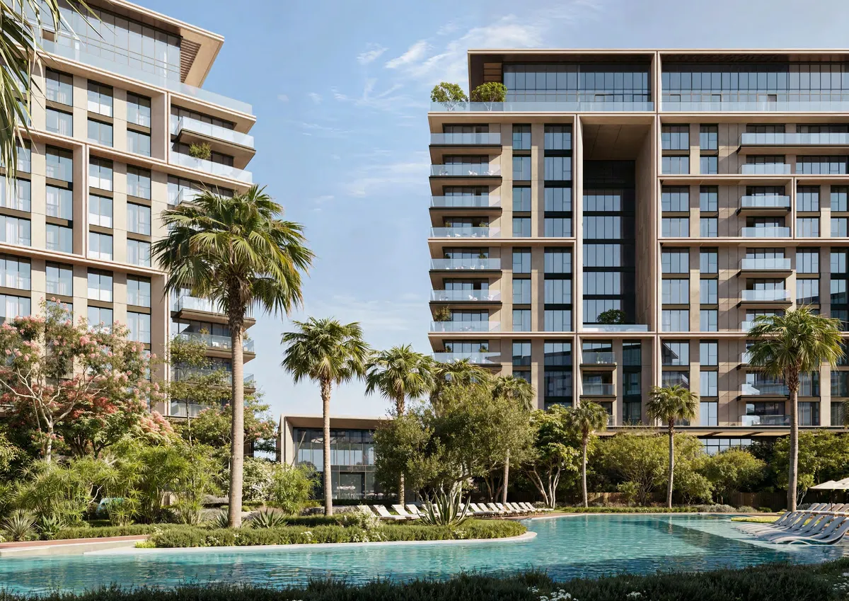 Render of City Walk Crestlane mid-rise residential towers by Meraas behind palm trees and a pool deck