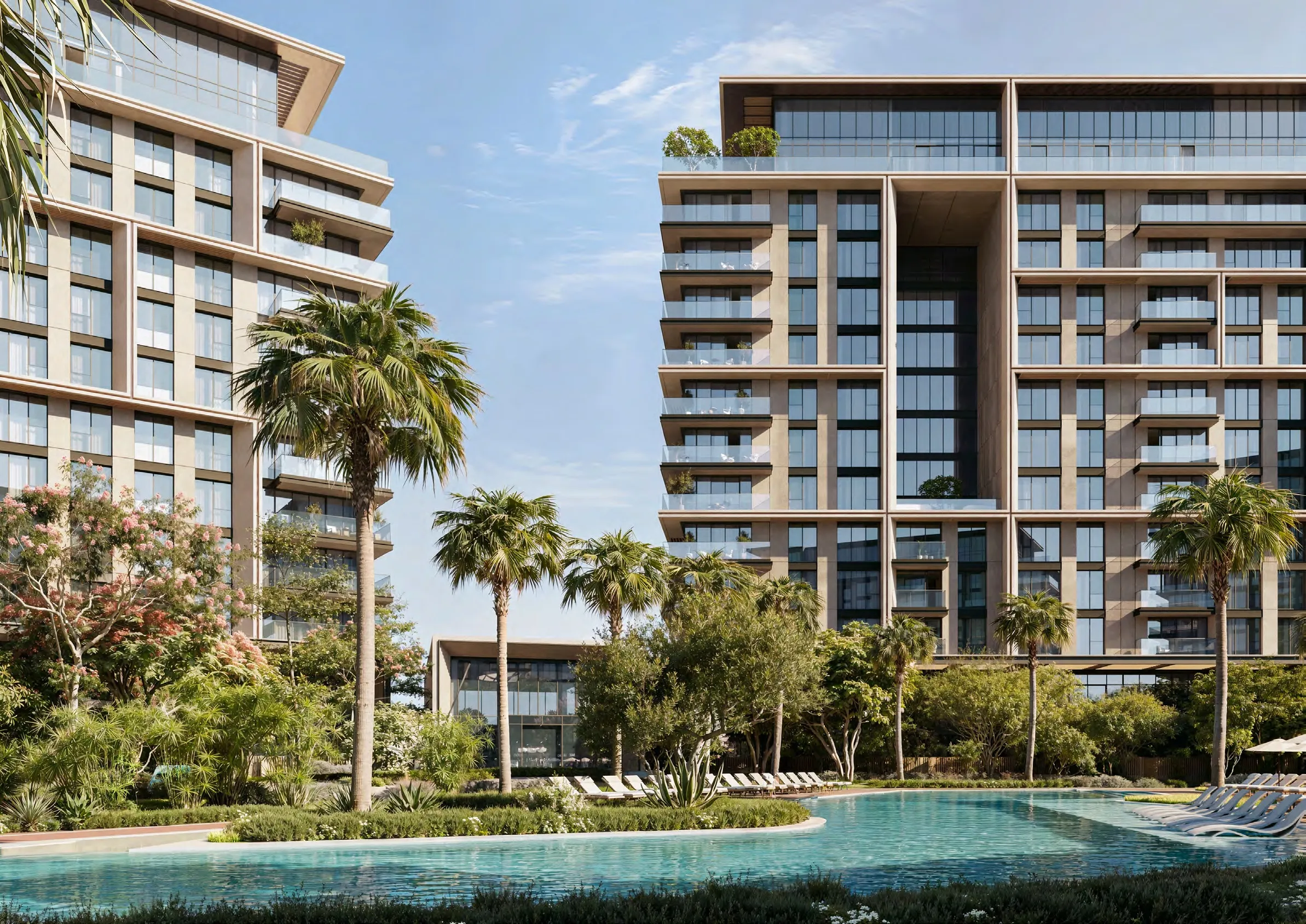 Render of City Walk Crestlane mid-rise residential towers by Meraas behind palm trees and a pool deck