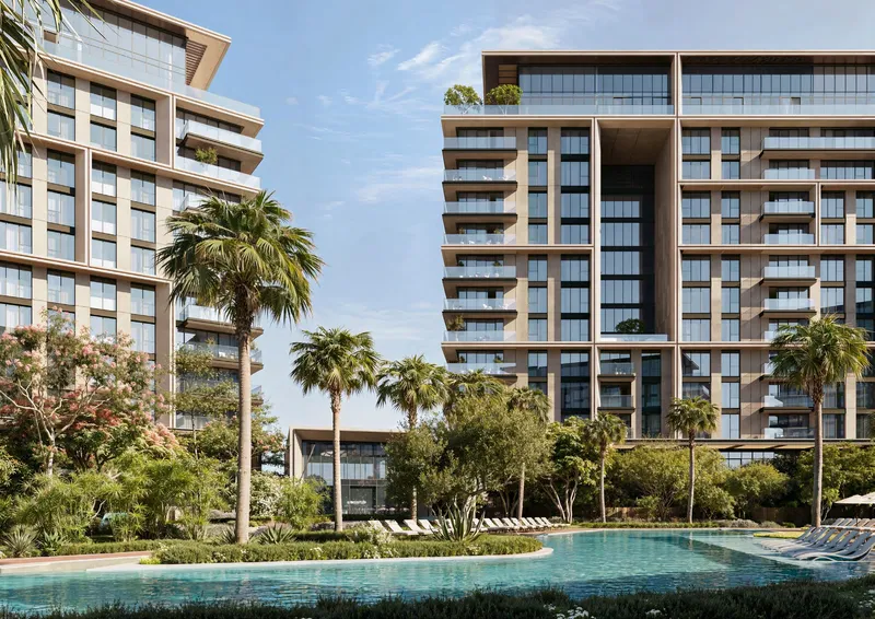 Render of City Walk Crestlane mid-rise residential towers by Meraas behind palm trees and a pool deck