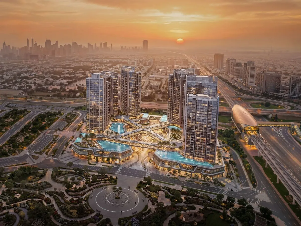 Cove Apartments by Imtiaz at Downtown Jebel Ali, a waterfront residential development shown in the project rendering