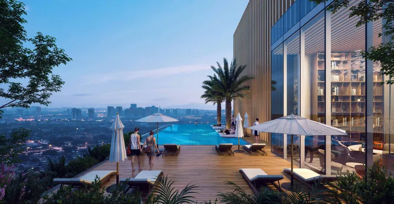 Rooftop infinity pool at Cove Boulevard overlooking Dubailand
