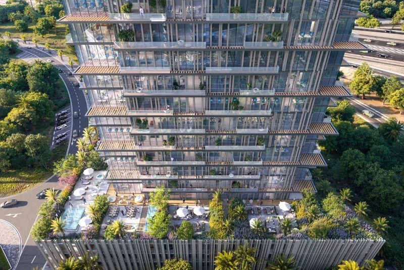 Aerial view of Cove Boulevard tower and podium gardens