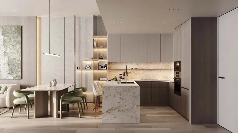 Open kitchen with marble island at Cove Edition 2
