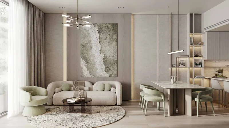 Furnished living and dining room at Cove Edition 2 by Imtiaz