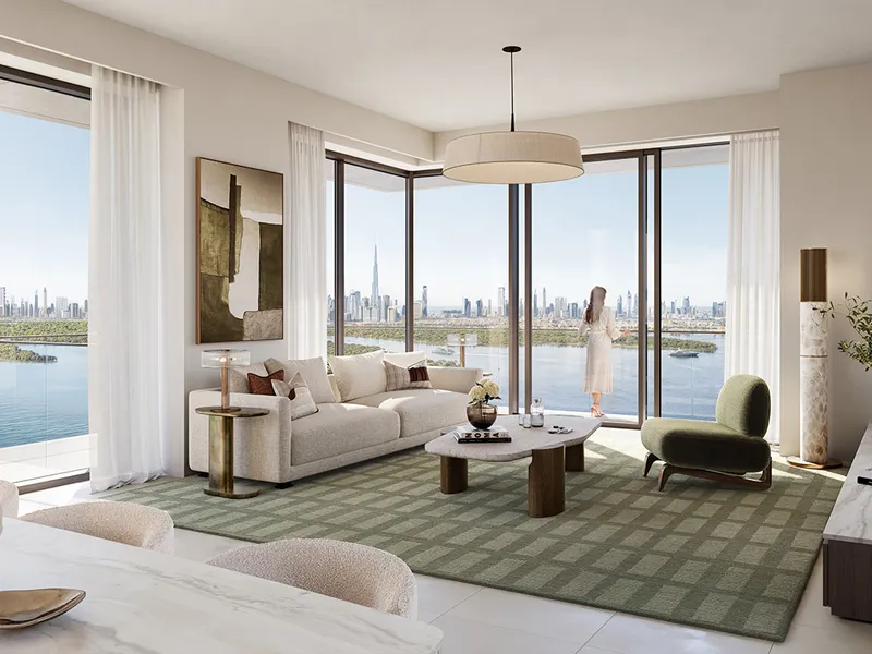 Interior render of a Creek Bay living room with floor-to-ceiling windows over the Creek and the city skyline