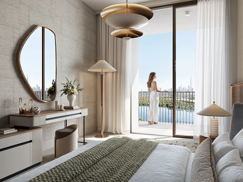 Interior render of a Creek Haven bedroom opening onto a balcony