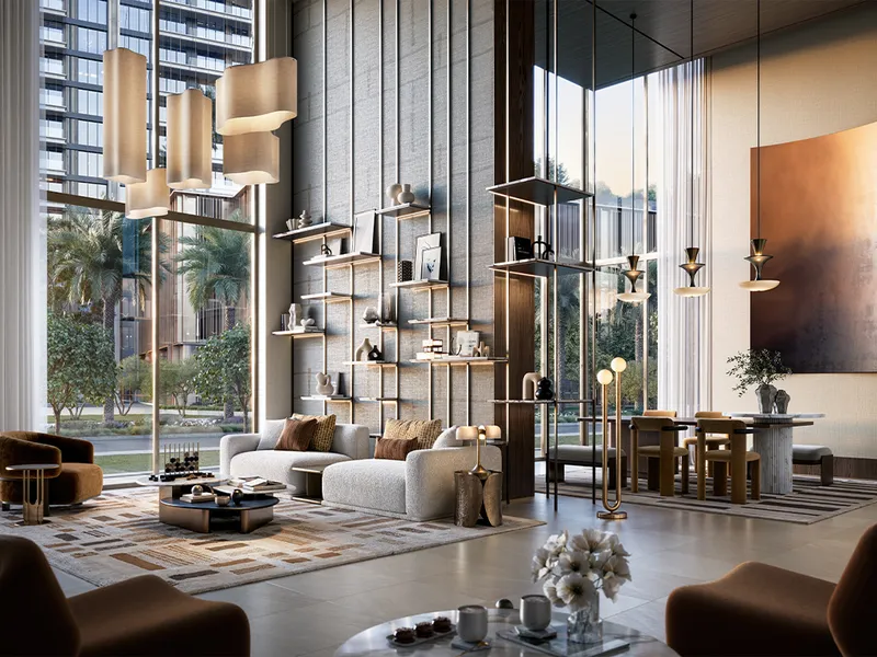 Interior render of a double-height living and dining space at Creek Haven