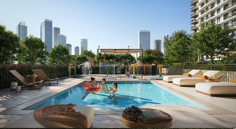 Render of the Creek Haven kids' pool with loungers and a shaded seating area