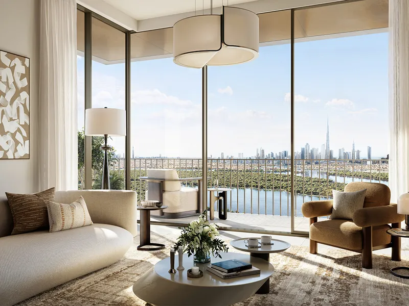 Interior render of a Creek Haven living room with floor-to-ceiling windows over the Creek