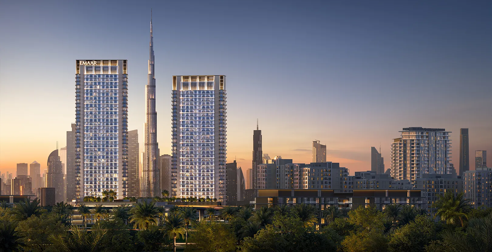 Render of the two Creek Haven towers at dusk with Burj Khalifa and the Downtown skyline behind