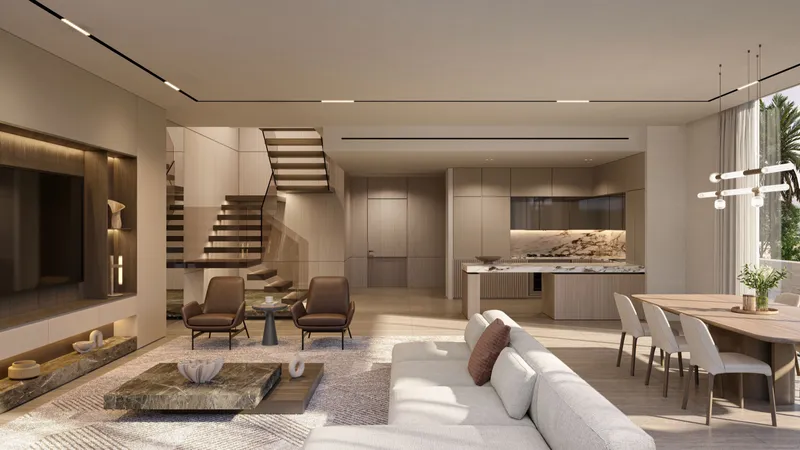Living room, staircase and open kitchen inside a D-Villa
