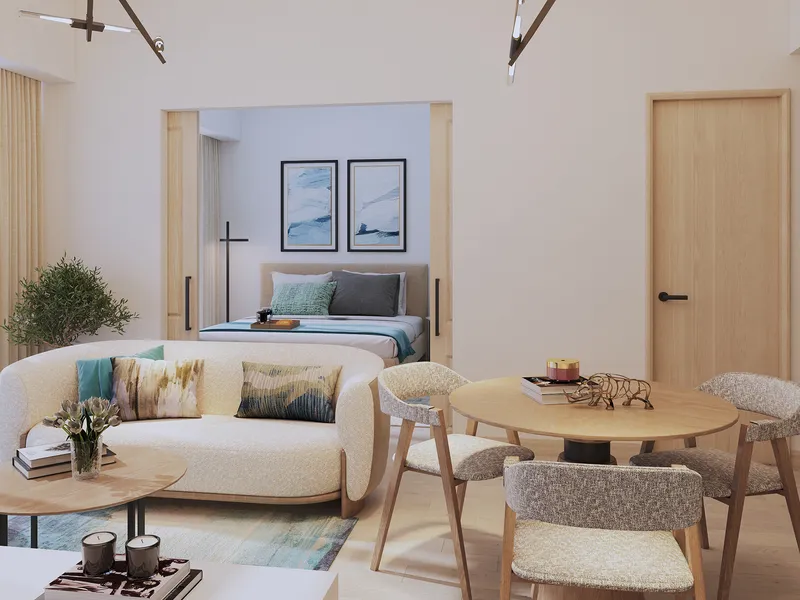 Furnished living area and bedroom in a DAMAC District apartment