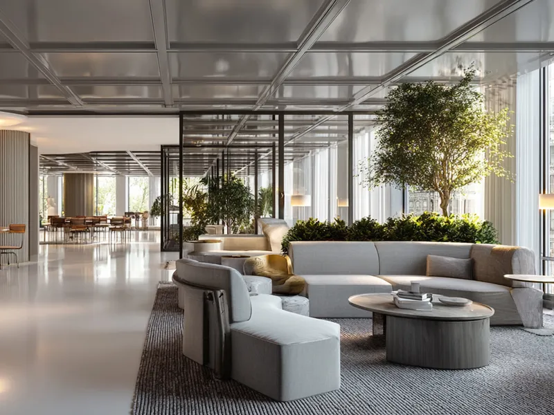 Lounge with sofas and indoor trees at DAMAC District