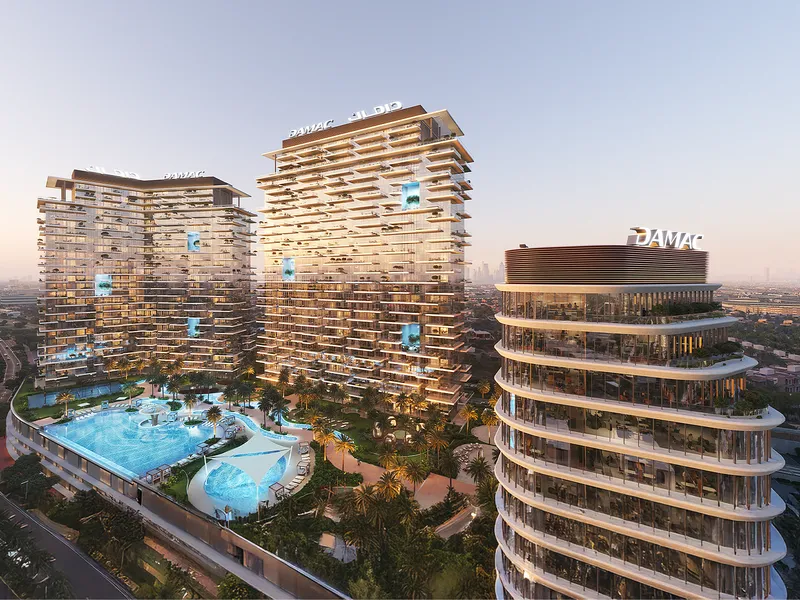 Aerial render of the DAMAC District podium with pools, gardens and the office building