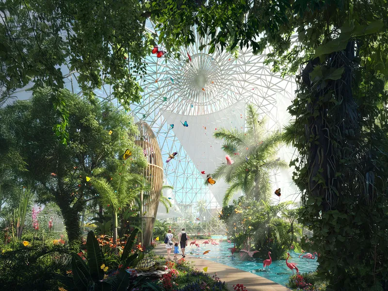 Glass-domed botanic garden with tropical planting and birds at DAMAC Islands 2