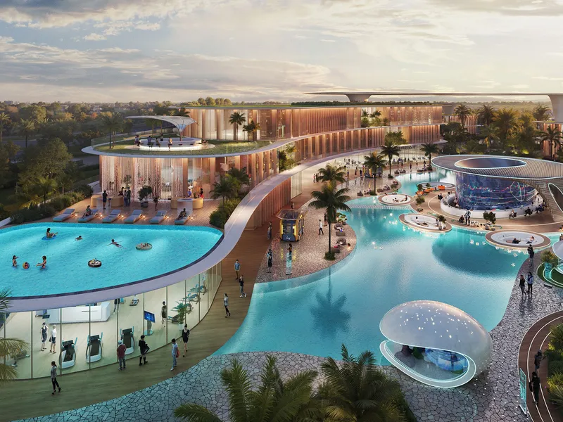 Eco lodge with lagoon pools and a curved timber building at DAMAC Islands 2