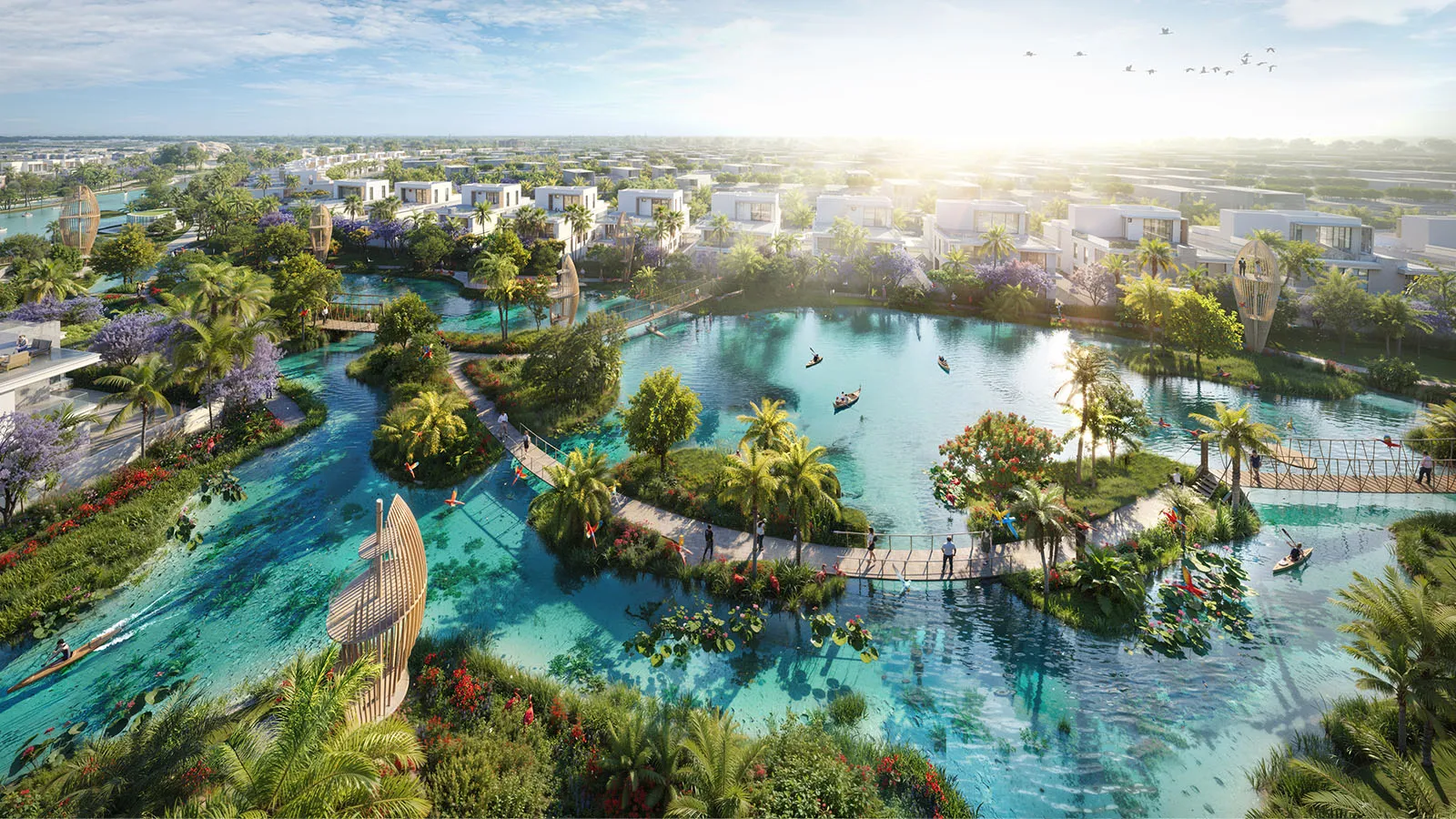 Render of the DAMAC Islands 2 lagoon with planted islands, footbridges and homes around the water