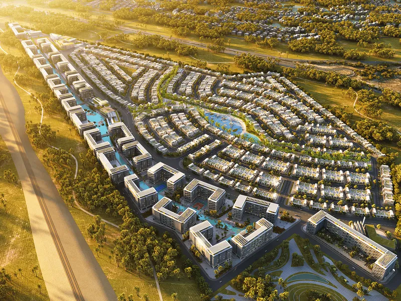 Aerial render of the curved rows of townhouses and green spaces across the DAMAC Riverside masterplan