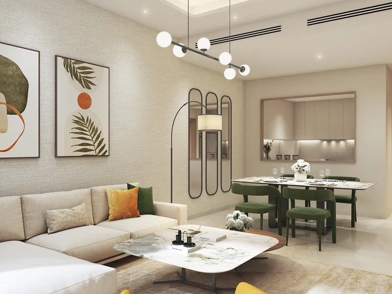 Living and dining area in a DAMAC Riverside Views apartment
