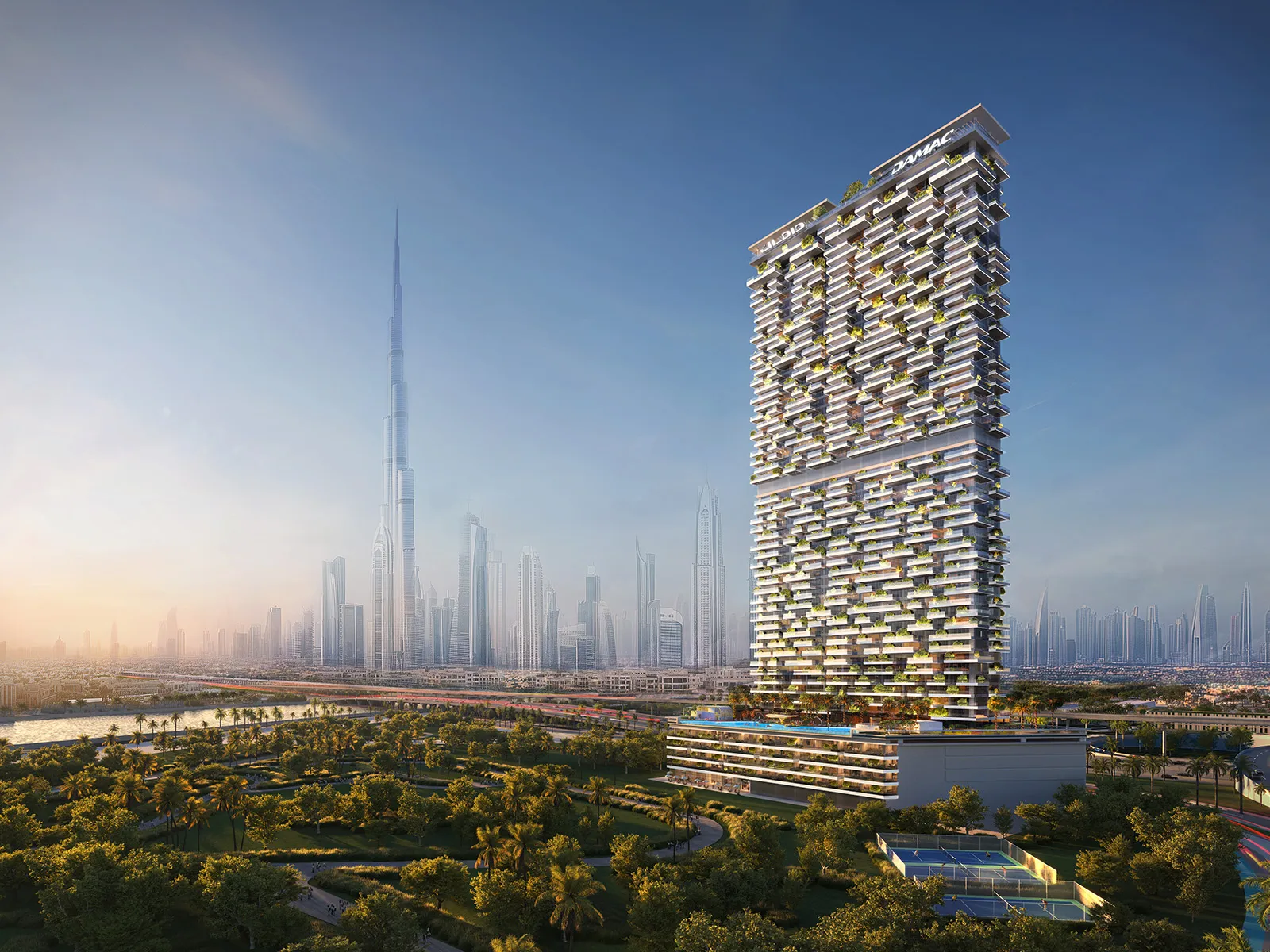 Safa Gate tower rising beside the trees of Safa Park, with Burj Khalifa and the Sheikh Zayed Road skyline behind