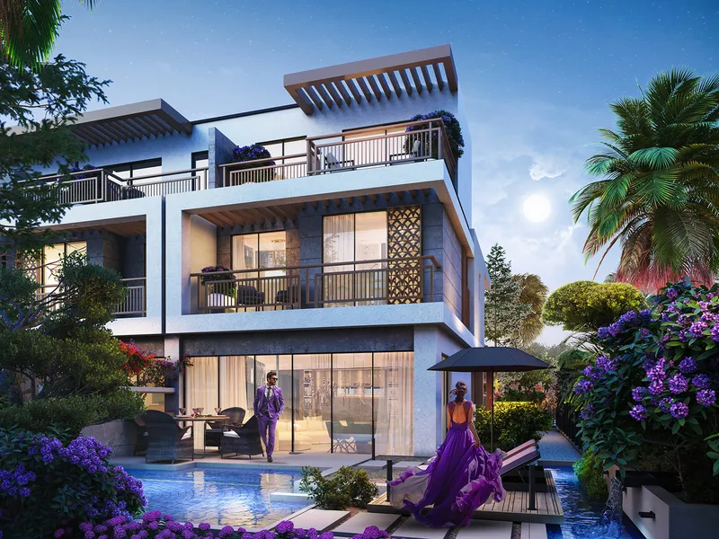Violet 4 townhouse facade over three levels with a garden terrace in the evening