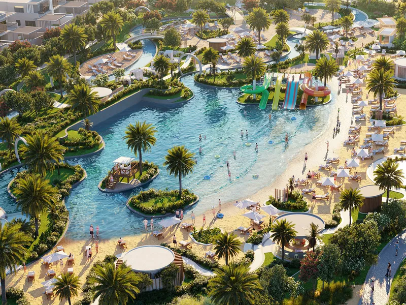 Aerial view of the Water Town lagoon, slides and beach area in DAMAC Hills 2