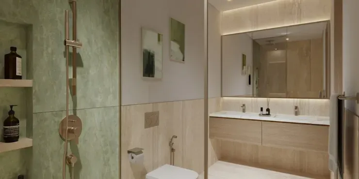 One bedroom bathroom render at Expo Valley Views with a double vanity and green stone shower