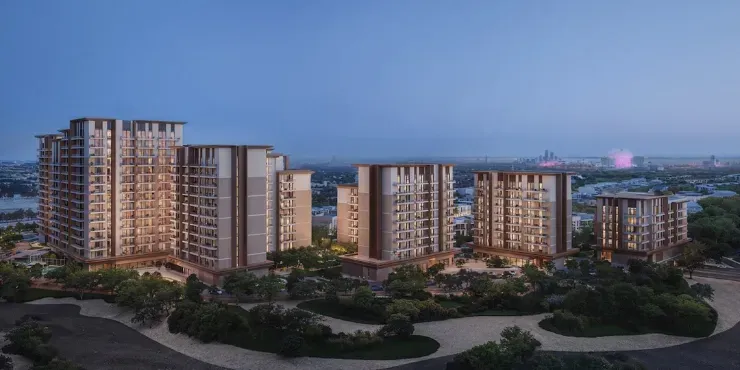 Dusk aerial render of the Expo Valley Views apartment cluster