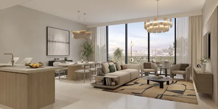 Open plan living and dining room with corner glazing over open land at Expo Valley Views