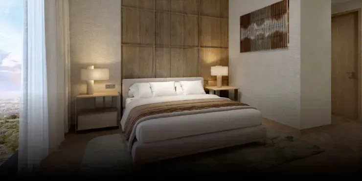 Bedroom render at Expo Valley Views with timber panelling and a window to the horizon