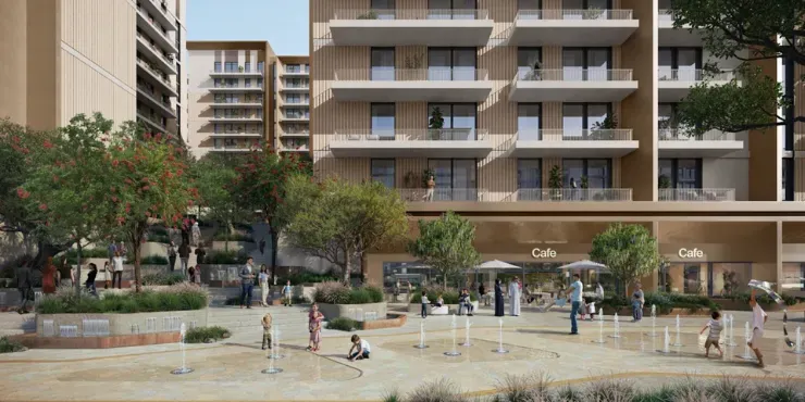 Podium level plaza at Expo Valley Views with cafes and water jets