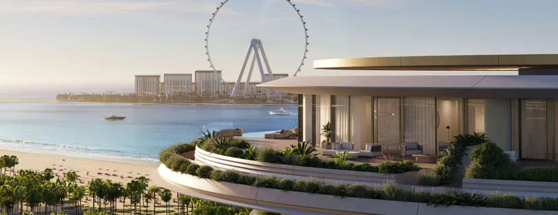 Render of a landscaped penthouse terrace at The Residences at The Dubai Beach EDITION, looking across the beach towards Ain Dubai