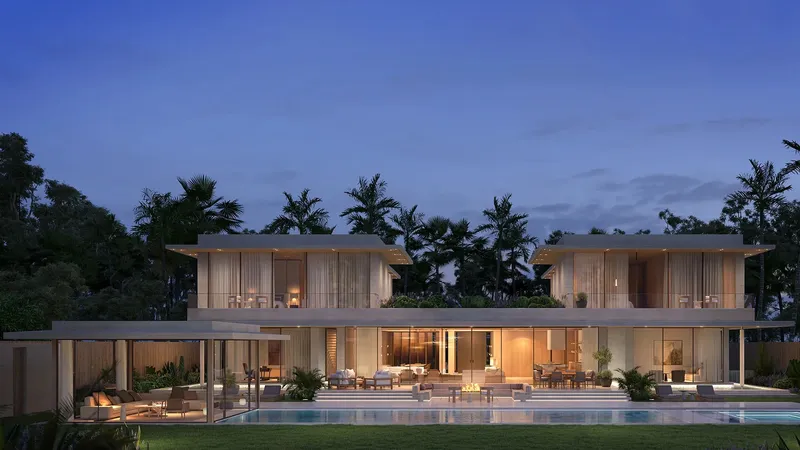 Render of a six-bedroom villa at Eden Hills at dusk, lit from within, with a long pool and lawn in front