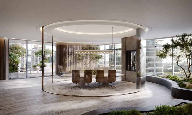 Render of a circular glass-walled boardroom inside an ENARA office, surrounded by indoor planting and floor-to-ceiling windows