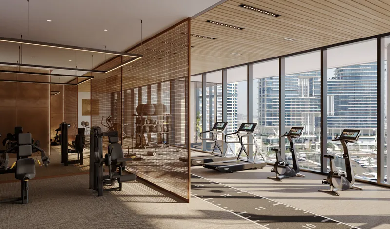 Render of the ENARA fitness centre with treadmills and exercise bikes facing floor-to-ceiling windows